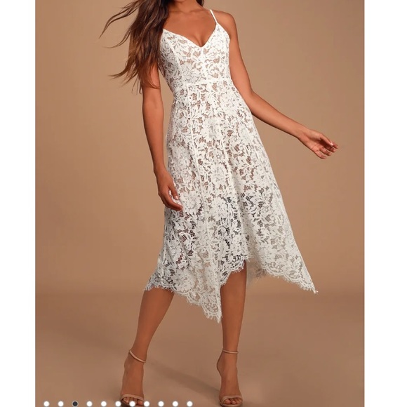 Lulu’s Lace Eyelet Wedding Rehearsal Dress Size Medium White & Nude Midi - Picture 1 of 5